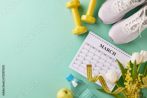 Spring fitness blueprint: Crafting your seasonal workout plan. Top view photo of calendar, apple, sneakers, water bottle, sport equipment, flowers on turquoise background with promo zone photo