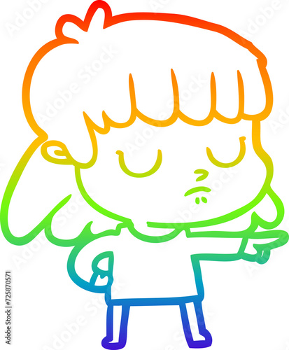 rainbow gradient line drawing cartoon indifferent woman;pointing