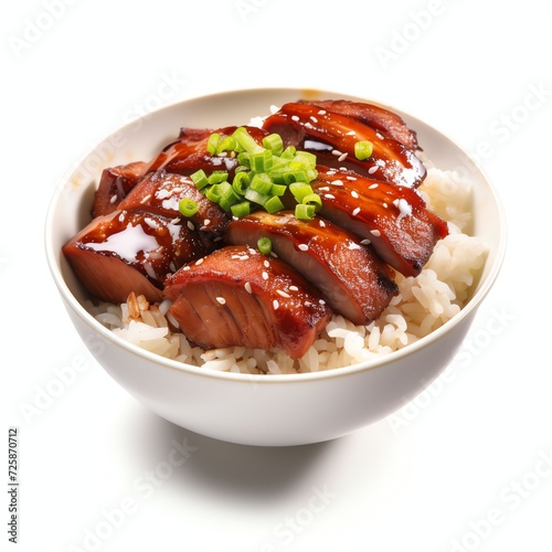a char siu ricebowl, studio light , isolated on white background photo