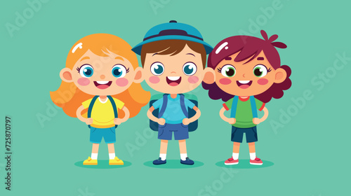 Happy cartoon kids with backpacks ready for school adventure
