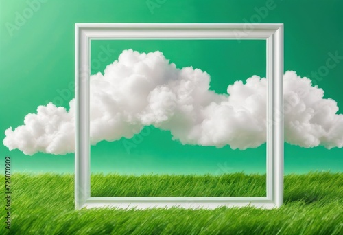 Natural frame made of fluffy white clouds on green field background. Flat lay  copy space. free space for text. Green grass square frame on clear sky background