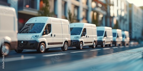 Fleet of commercial delivery trucks on cargo in raw. 