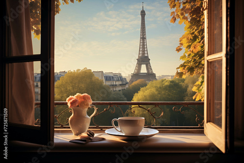 Hot coffee on window sill and Paris landscape. Dawn time. © Olesia Khazova