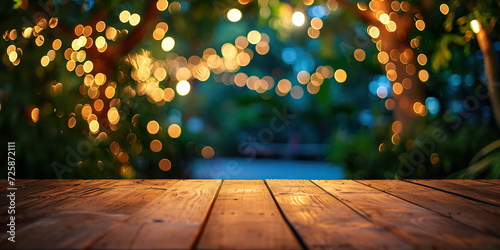 Empty Wood table top with decorative outdoor photo