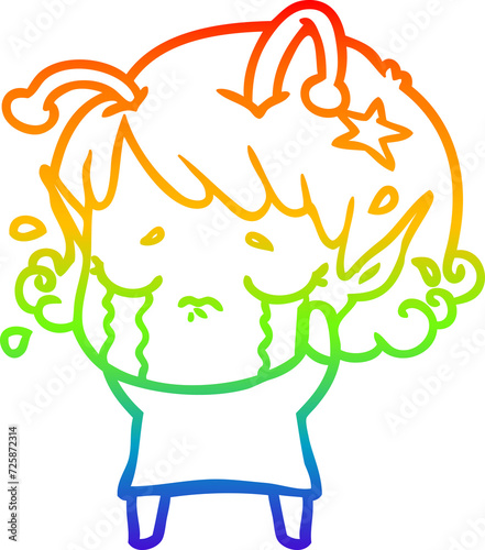 rainbow gradient line drawing cartoon crying alien girl