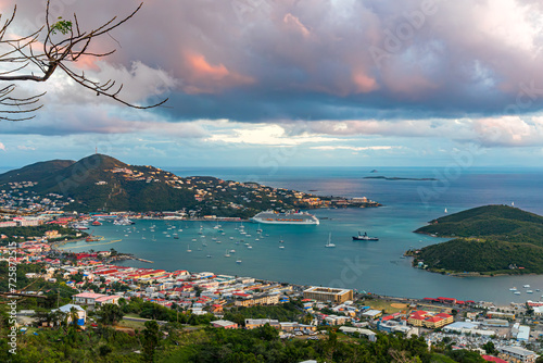 Caribbean vacation by cruise, view from mountain top look out, sunset