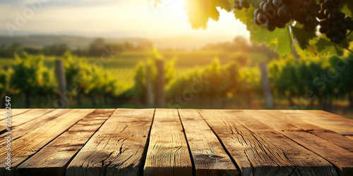 Empty wood table top with on blurred vineyard photo