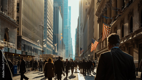 Wall Street scene with traders and investors in sharp business attire, skyscrapers towering in the background, sunlight reflecting off gleaming windows