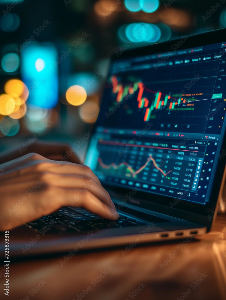 hands typing on a laptop with stock market analysis on screen, background blurred to focus on the action, capturing the intensity of investing hands typing on a laptop with stock market analysis on screen, background blurred to focus on the action, capturing the intensity of investing