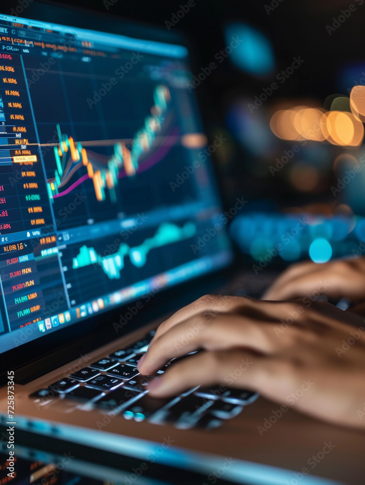 hands typing on a laptop with stock market analysis on screen, background blurred to focus on the action, capturing the intensity of investing hands typing on a laptop with stock market analysis on screen, background blurred to focus on the action, capturing the intensity of investing