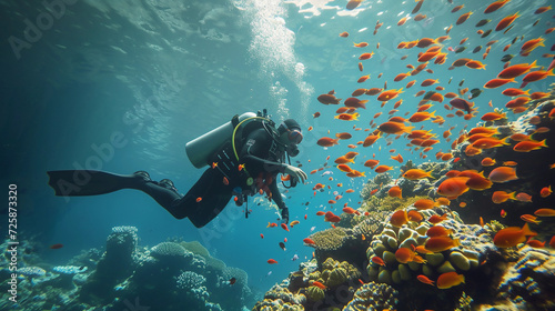 deep-sea diver exploring a coral reef, surrounded by a variety of colorful fish, underwater lighting creating a serene and mysterious atmosphere