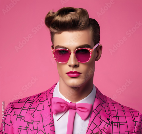 ai generated portrait of young androgynous pin up man shot in the style of the 50s in front of pink background wearing a noble costume and sun glasses. doll-like model isolated. photo