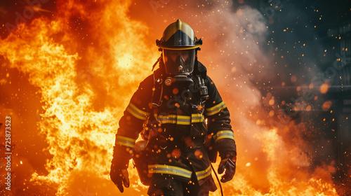 firefighter in full gear battling a blazing inferno, vivid flames and smoke surrounding, intense and dramatic lighting, a cityscape in the background at dusk photo