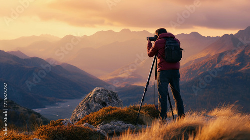 professional photographer capturing a stunning landscape, camera on a tripod, golden hour lighting, with majestic mountains in the backdrop