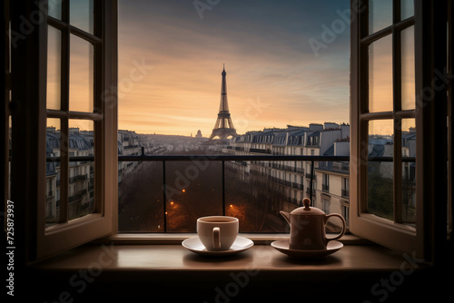 Hot coffee on window sill and Paris landscape. Dawn time.