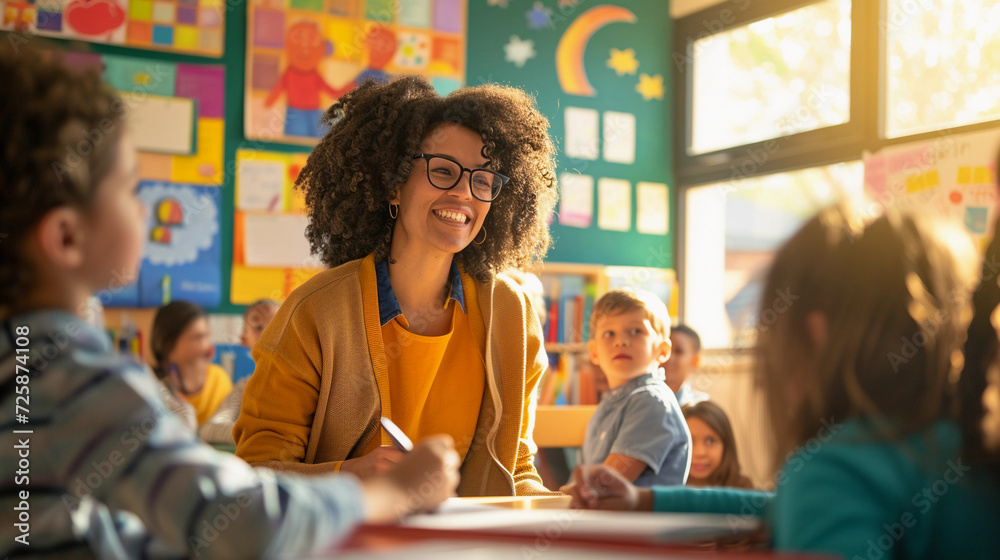 teacher in a classroom, interacting with engaged students, colorful educational posters on the walls, sunlight streaming in through windows teacher in a classroom, interacting with engaged students, colorful educational posters on the walls, sunlight streaming in through windows