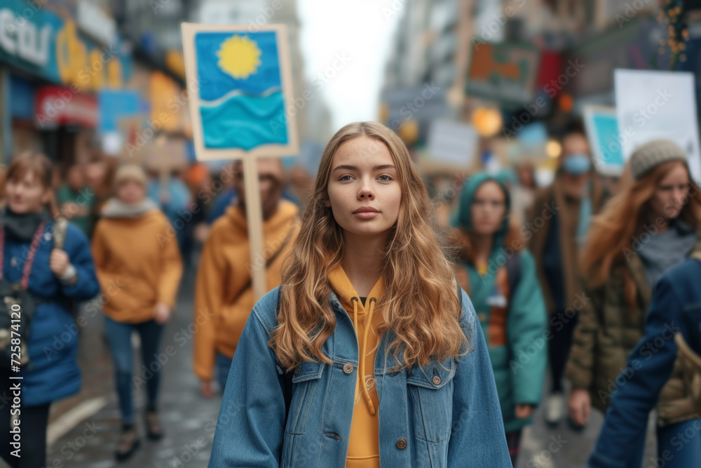 A photograph capturing the intensity of a climate change rally, with protesters holding signs and banners advocating for environmental action. Concept of collective climate activism. Generative Ai.