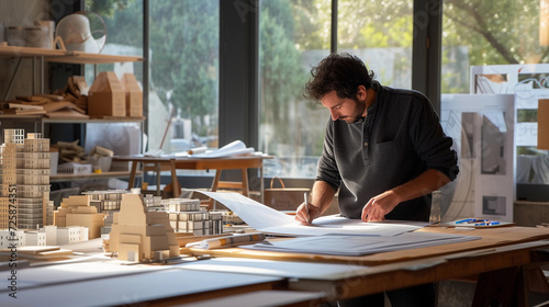 architect reviewing blueprints on a large drafting table, scale models of buildings in the background, a well-lit studio with large windows © Marco Attano