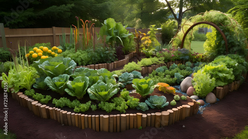A whimsical vegetable garden with creatively shaped beds, featuring a mix of greens, roots, and herbs.