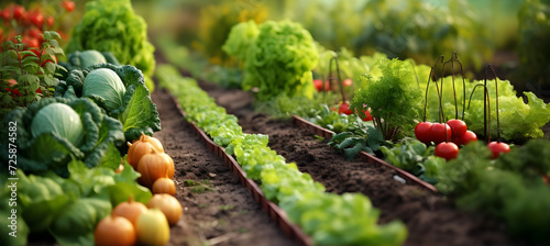 A well-maintained vegetable garden with flourishing rows of carrots, lettuce, and juicy red tomatoes. photo