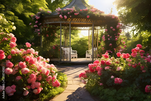 A sunlit garden gazebo surrounded by climbing roses, providing a perfect spot for relaxation.