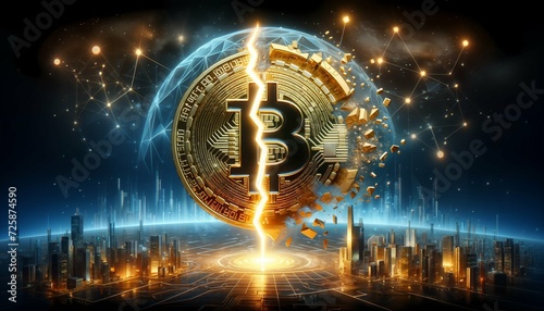 Bitcoin breaking in half with explosion, symbolizing the end of BTC and halving concept of 2024