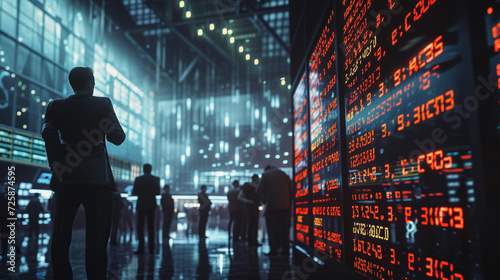 bustling stock exchange floor with traders intently watching large digital screens displaying dynamic interest rates, vividly illuminated numbers against a dark background, a sense of urgency and focu photo