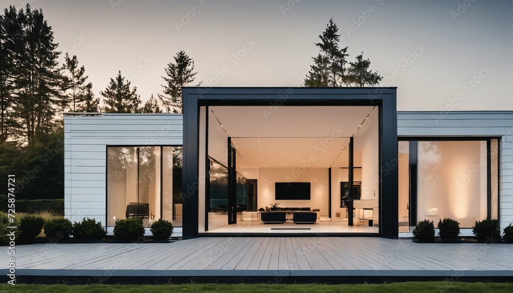 Modern cubic house exterior in Scandinavian style showcasing contemporary design - obrazy, fototapety, plakaty 