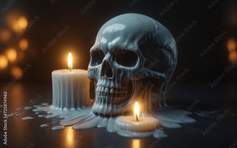 Skull and candles, melted wax. Black bacground. Skull and candles, melted wax. Black bacground.
