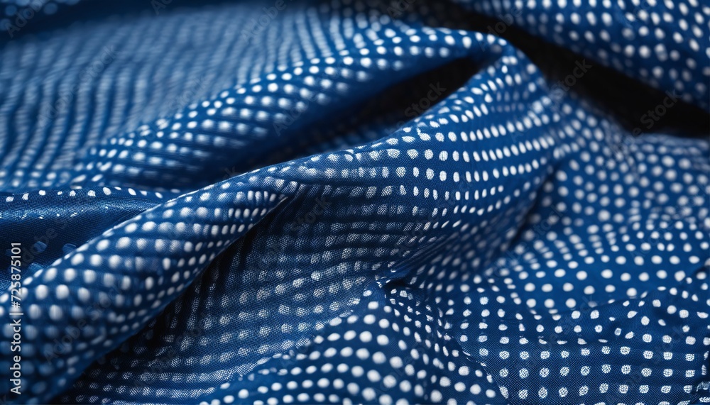 Close-up of blue fabric featuring white dots on top and a wavy pattern with white dots at the bottom