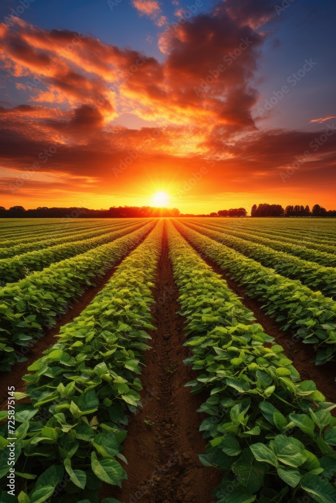 the sun is setting behind a field of bean plants