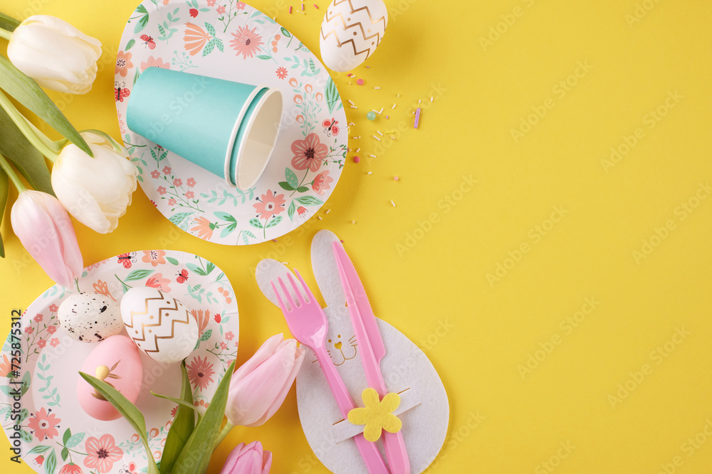 Egg-citement unleashed: children's Easter extravaganza. Top view photo of cute plates, paper cups, eggs, cutlery, tulips, sprinkles on yellow background with space for advert or message