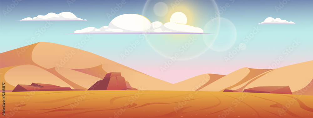 Desert landscape with sand, rocks and barchans of sand, sky and clouds. Stock vector illustration