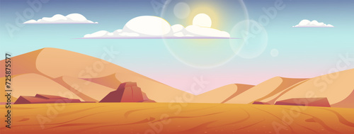 Desert landscape with sand, rocks and barchans of sand, sky and clouds. Stock vector illustration