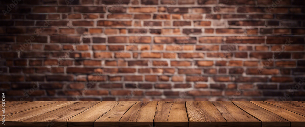 Ai-generated empty wooden tabletop with a background of brown walls of brick. Ai-generated empty wooden tabletop with a background of brown walls of brick.