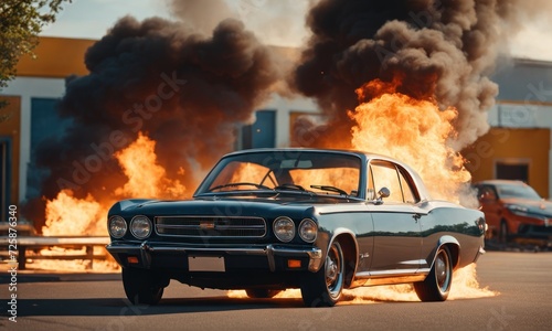 Burning car. Fire of a passenger car in a city parking lot. Fire in the engine compartment, short circuit in the wiring. Open fire and black smoke. Road incident. Gangster mafia wars