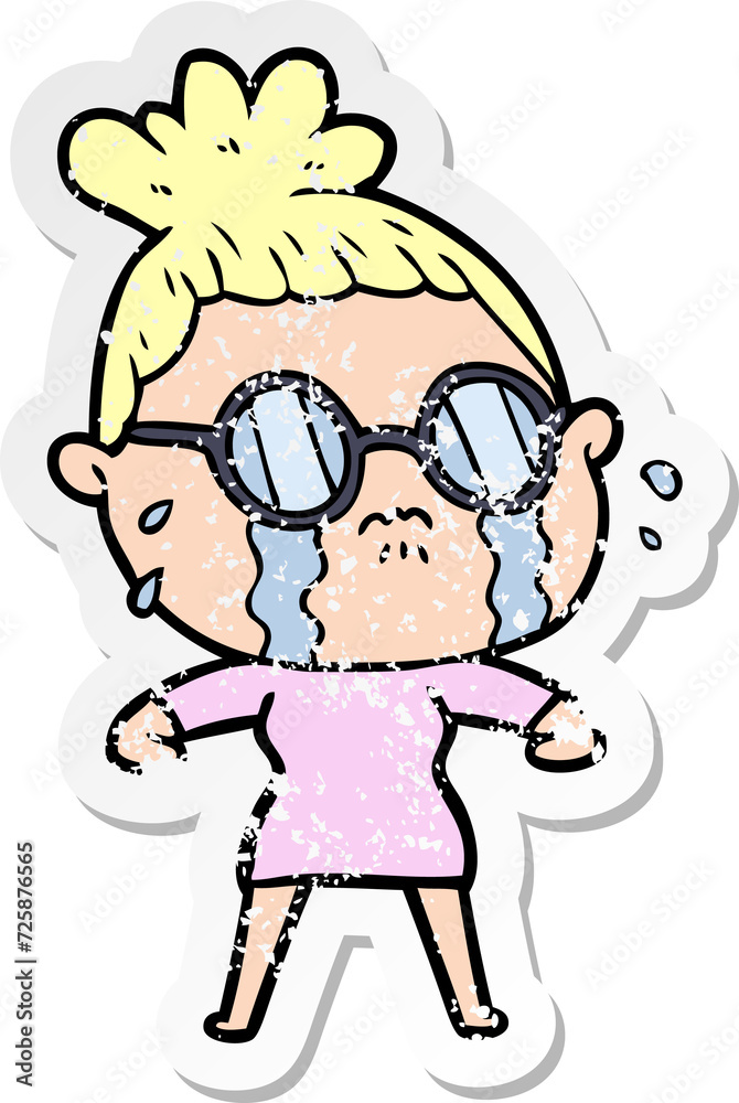 distressed sticker of a cartoon crying woman wearing spectacles