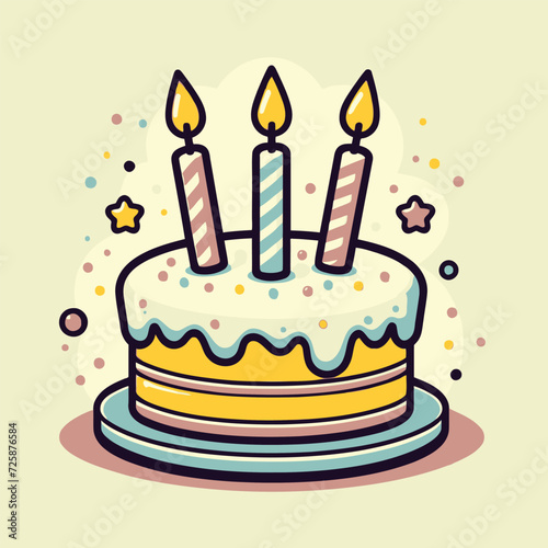 A vector of a birthday cake with three candles and sprinkles