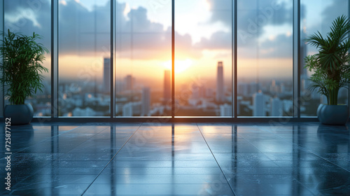 Modern office interior with panoramic window and city view. A corporate office space background.