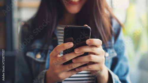 Smiling Woman Texting on Smartphone