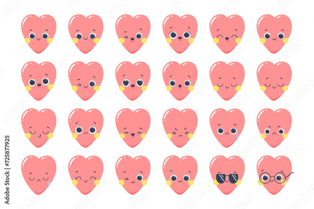 Set of vector illustrations of heart emoticons with different emotions isolated on a white background