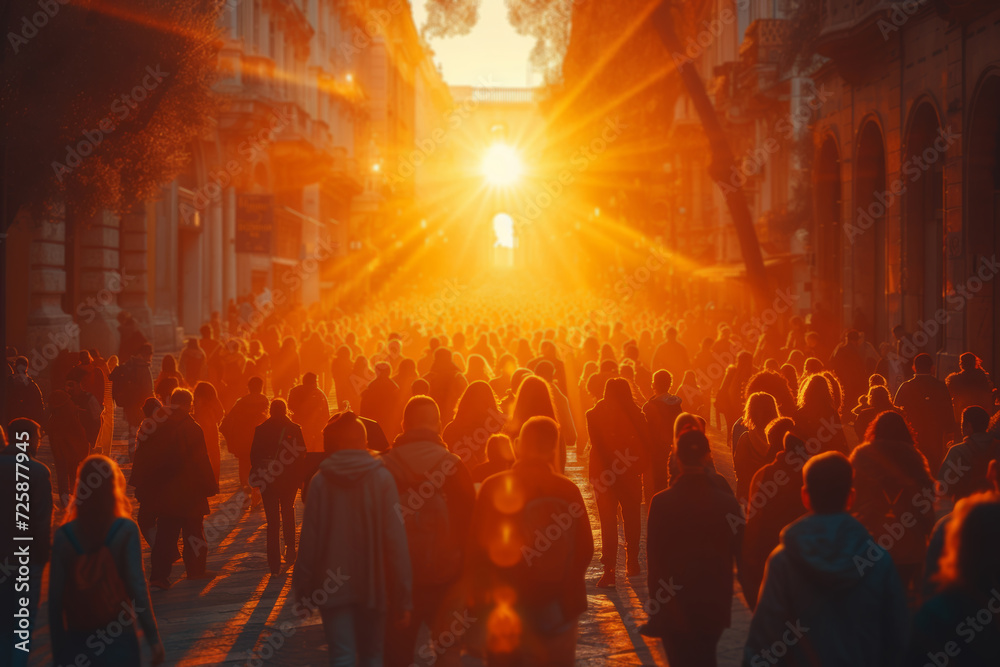 A crowded city square during a festival, capturing the animated atmosphere without revealing individual faces. Concept of shared joy in public celebrations. Generative Ai.