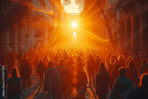 A crowded city square during a festival  capturing the animated atmosphere without revealing individual faces. Concept of shared joy in public celebrations. Generative Ai.