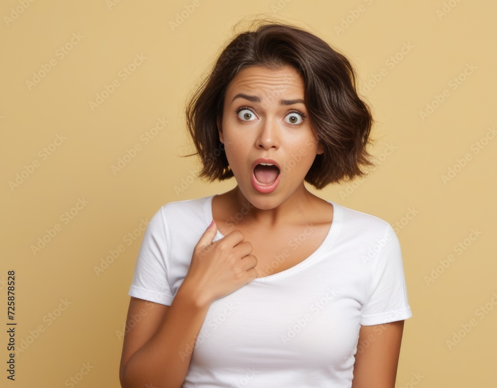 Young woman wearing white t-shirt shocked with surprise