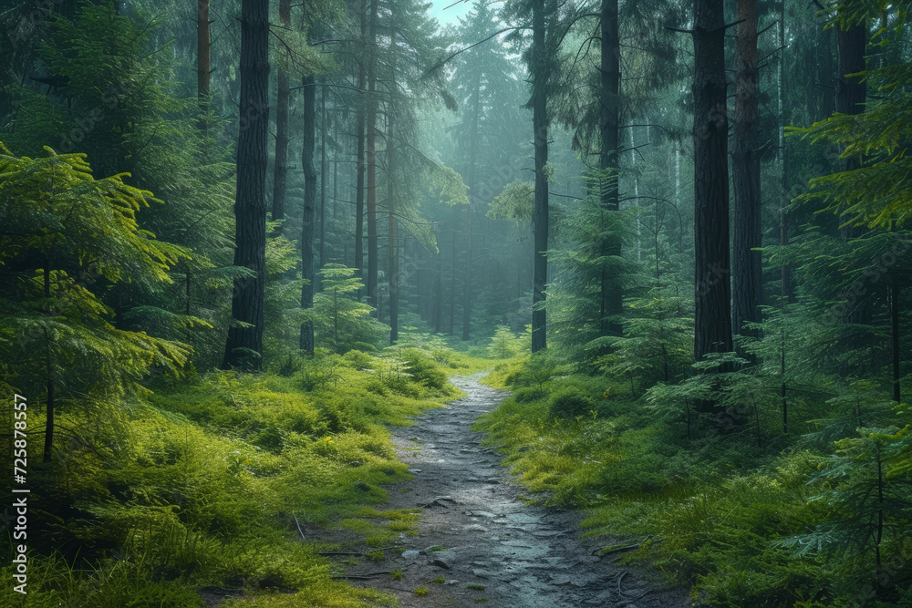 Fototapeta premium A tranquil forest scene in varying tones of green, capturing the peaceful ambiance and lushness of woodland landscapes. Concept of monochrome in nature. Generative Ai.