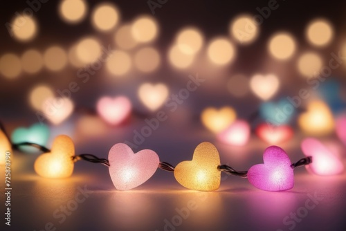 Fairy lights with colorful hearts on light
