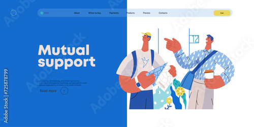 Mutual Support: Directing a passerby -modern flat vector concept illustration of man pointing the way to a tourist. A metaphor of voluntary, collaborative exchanges of resource, services