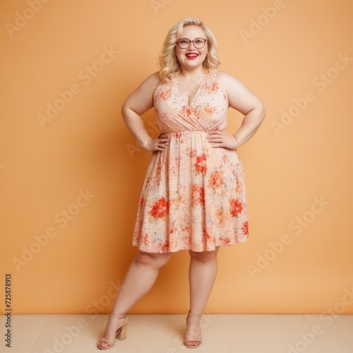 portrait of a chubby young woman in orange dress on orange background