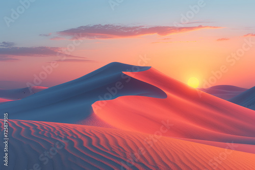 A minimalist shot of a desert dune at sunset in shades of warm orange  creating a tranquil and contemplative scene. Concept of monochromatic desert sunsets. Generative Ai.