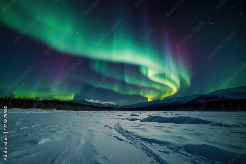 Green Aurora Borealis over Snow covered Terrain. Beautiful Northern Lights Banner with copy-space.  generative, ai.